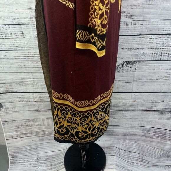 Vertigo Paris Gold Burgundy Motif Wool Open Front Long Cardigan Duster sz Small - Picture 15 of 16